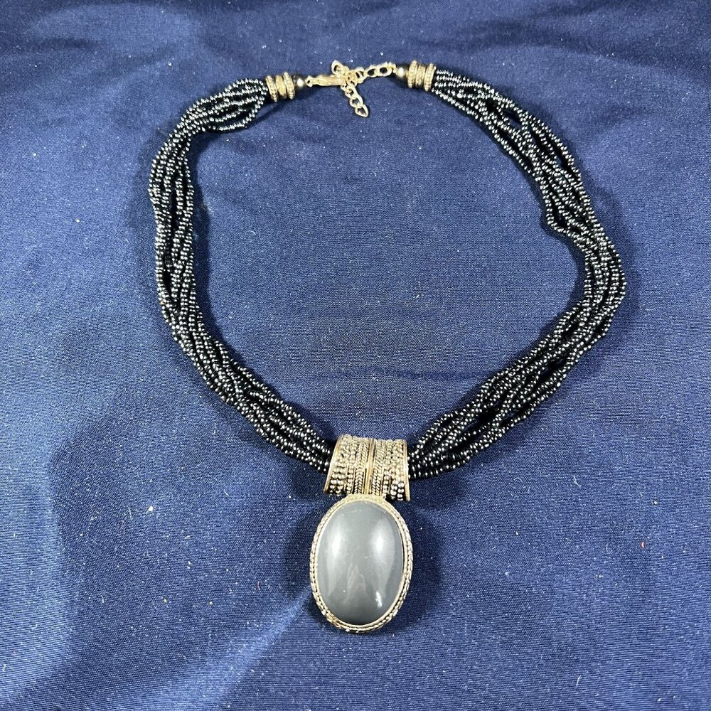 Vintage-Inspired Black Beaded Necklace With Large Gray Pendant & Adjustable Gold